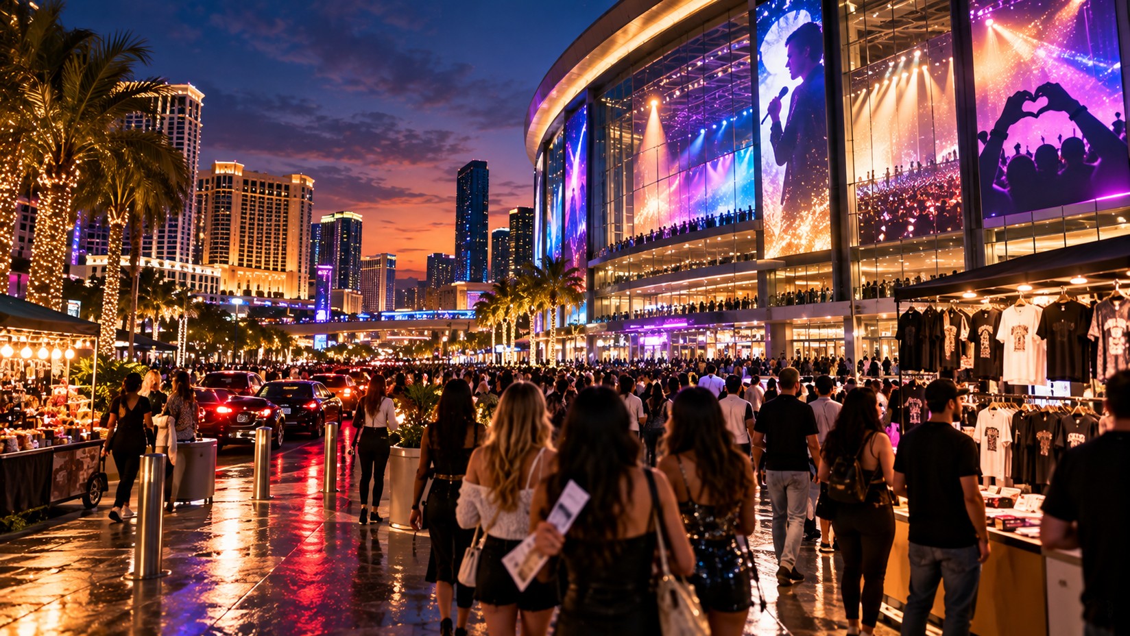 AI-generated conceptual view of a performer walking from backstage toward arena lights, with costumes, instruments, crew equipment and a grand piano nearby