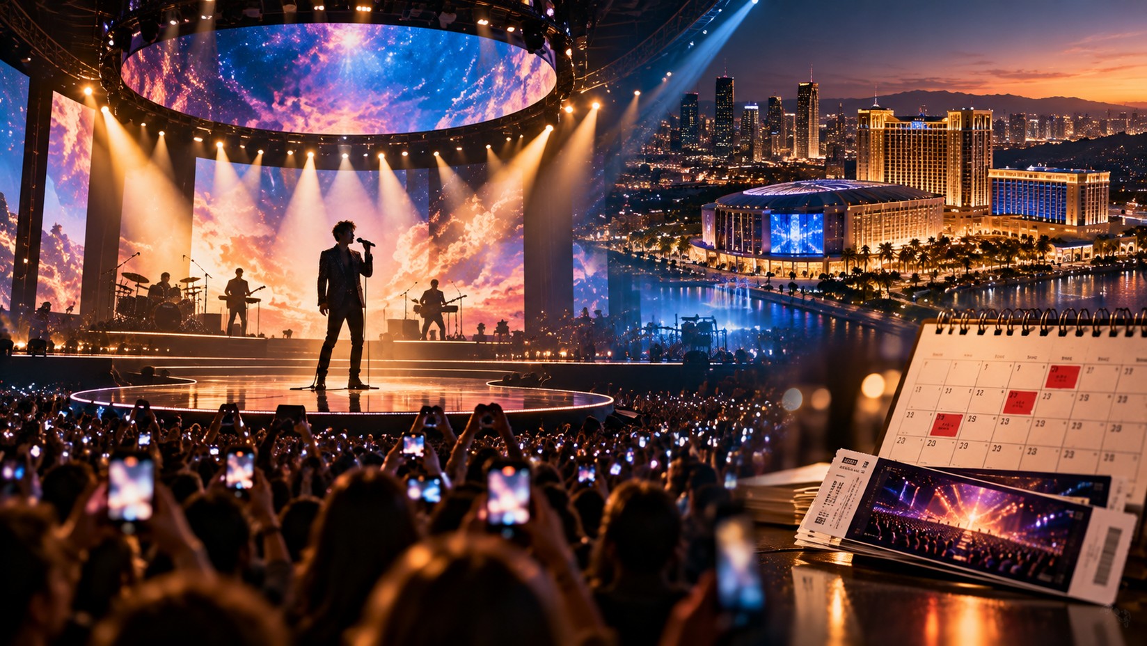 AI-generated editorial illustration of a large concert stage, a city entertainment district, glowing arena lights and a calendar representing a long-term live music residency