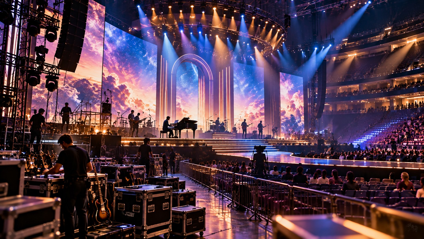 AI-generated illustration of an arena production in rehearsal, with lighting rigs, LED screens, musicians, sound equipment and crew preparing for a multi-night concert residency